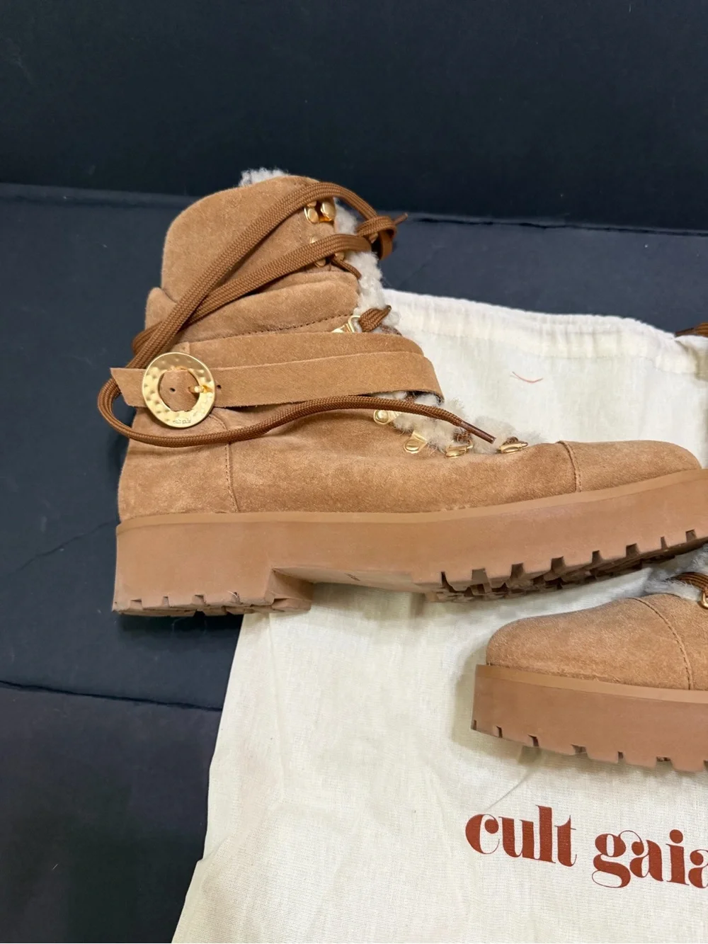 Cult Gaia Paola Faux Shearling Trim Tan Suede Lace-Up Winter Boots